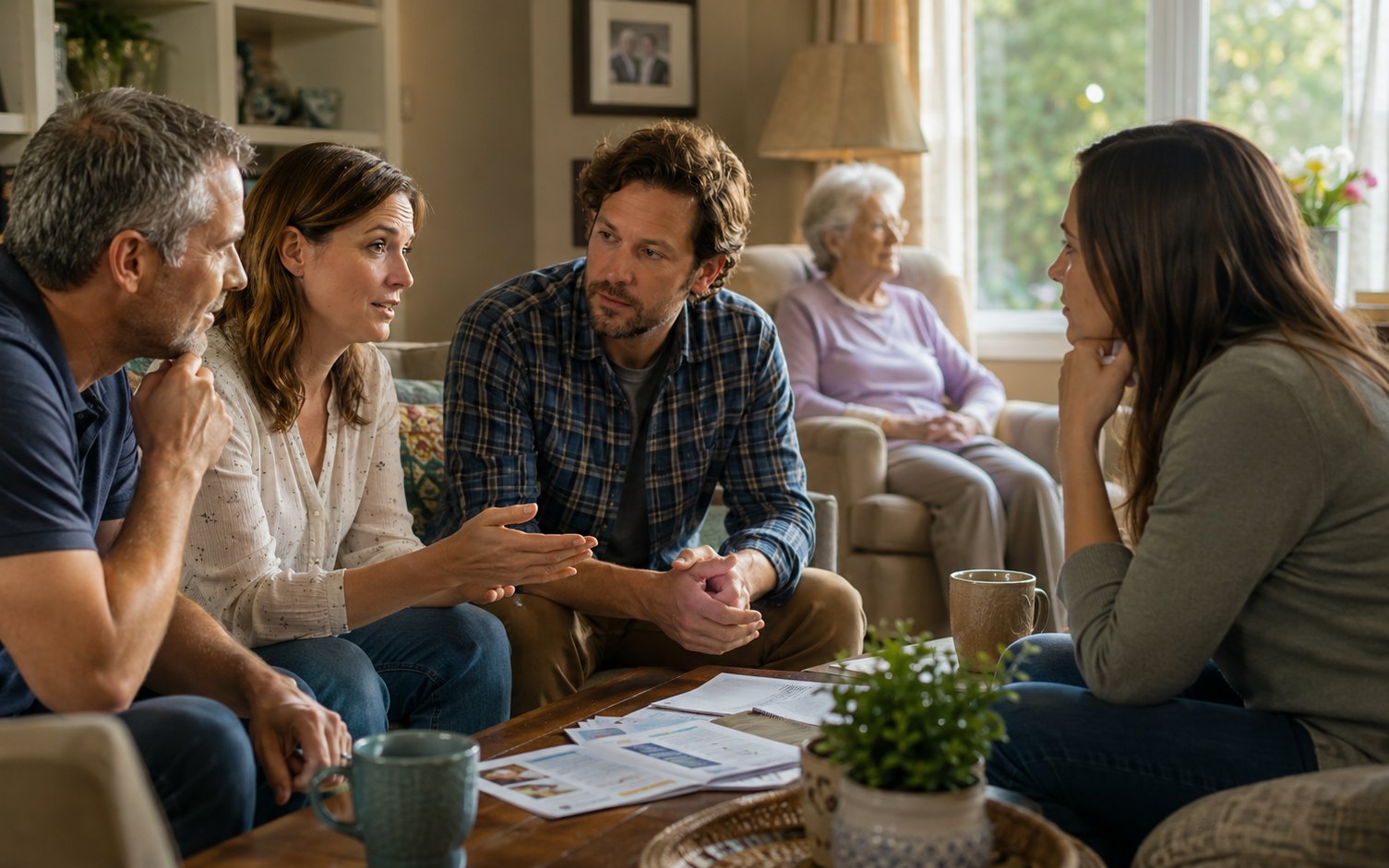 Family reviewing in-home care options